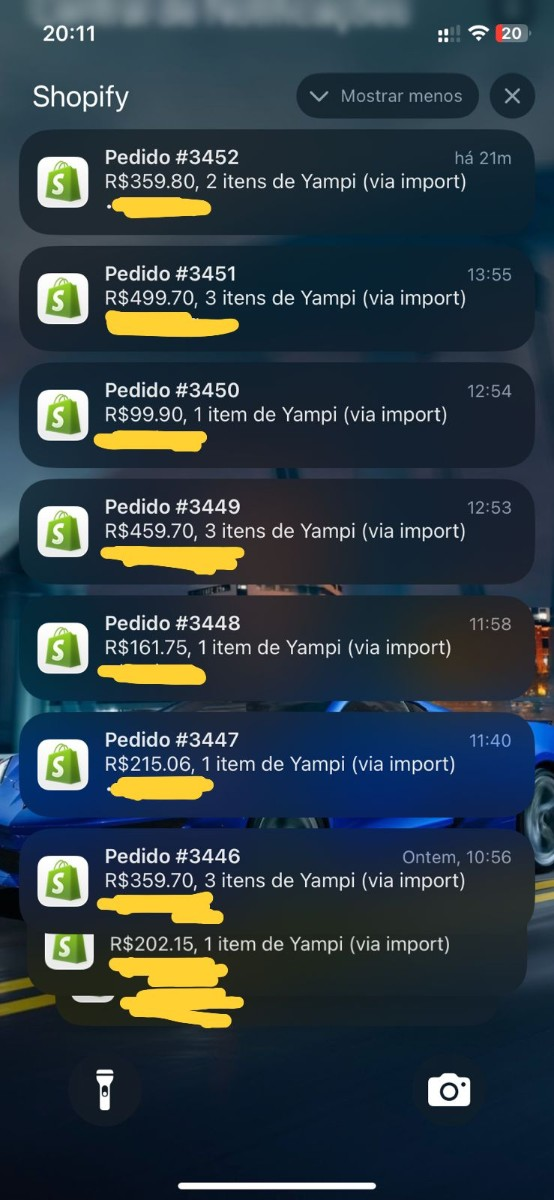 Notificações de pedidos Shopify do aluno